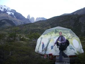 Traveler outside of her dome at Torres del Paines EcoCamp
