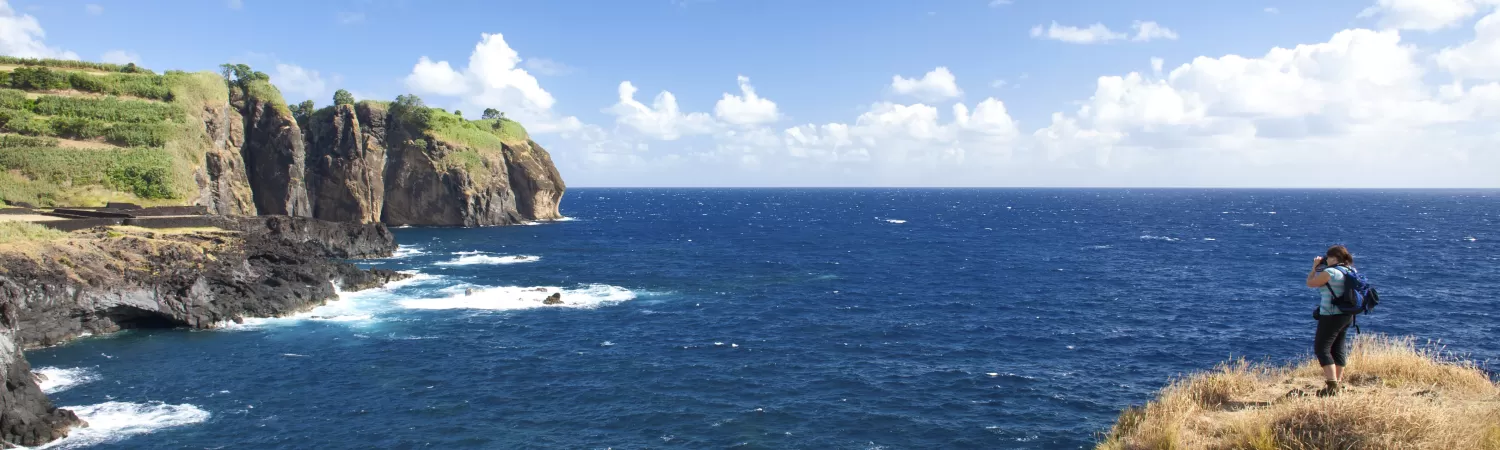A hiker overlooks the cliffs on the ocean.
