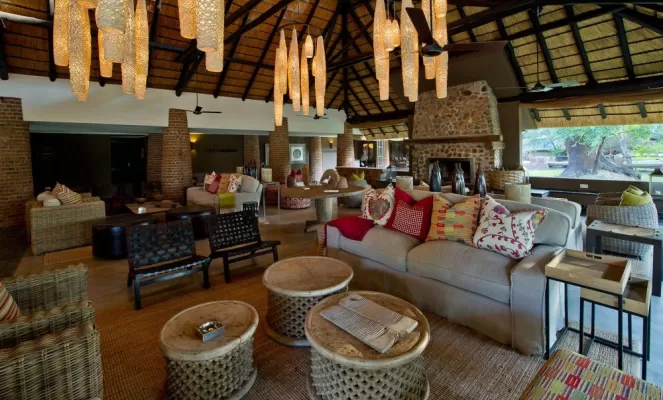 Covered guest lounge area at Mfuwe Lodge