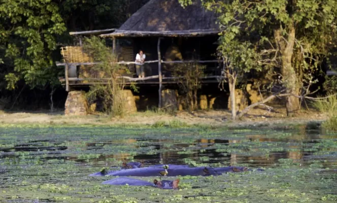 The exterior of Mfuwe Lodge.