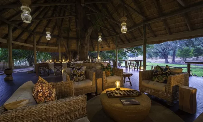 Guest lounge under thatched roof