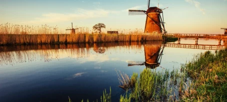 Traditional Dutch windmills from the channel Rotterdam. Holland