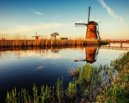 Traditional Dutch windmills from the channel Rotterdam. Holland