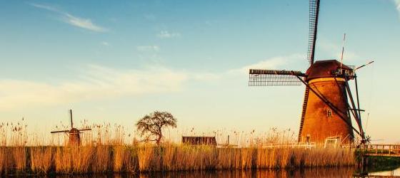Traditional Dutch windmills from the channel Rotterdam. Holland