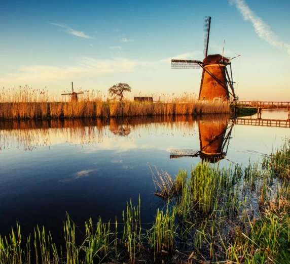Traditional Dutch windmills from the channel Rotterdam. Holland