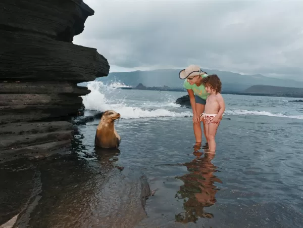 Mother and child getting close to a sea lion in the Galapagos