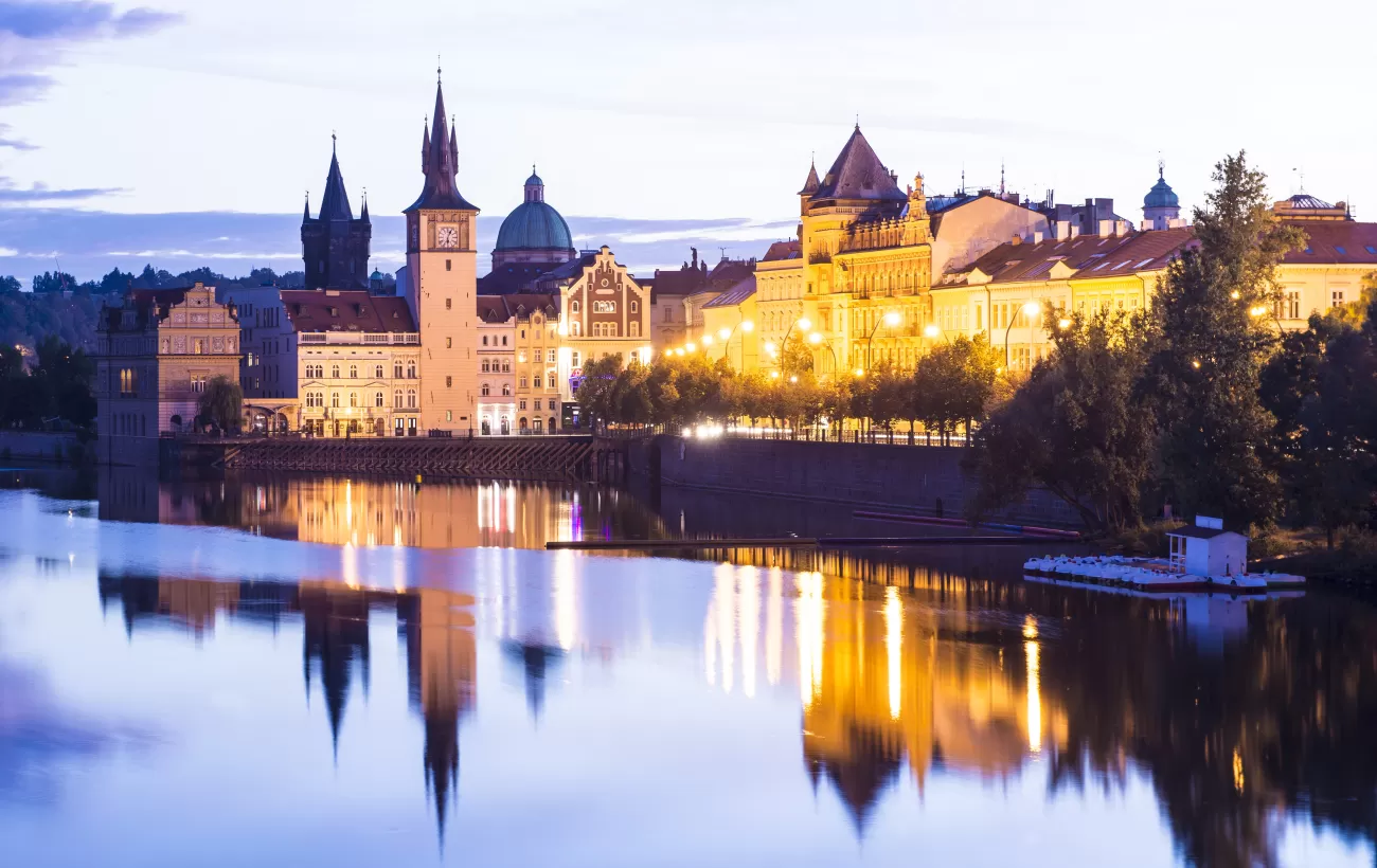 Prague City and the Charles Bridge at Sunset