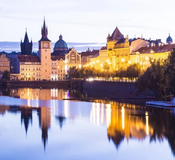 Prague City and the Charles Bridge at Sunset