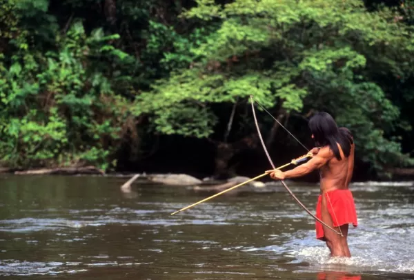 Indigenous man hunting in the Amazon