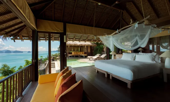 Ocean Panorama Pool Villa Bedroom at the Six Senses Yao Noi