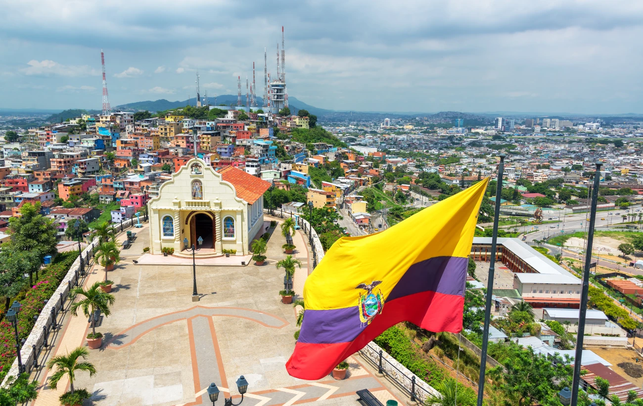 Flag and church in Guayaquil