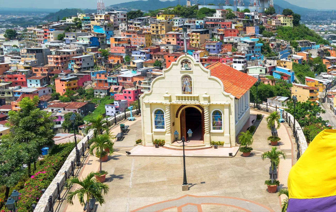 Flag and church in Guayaquil