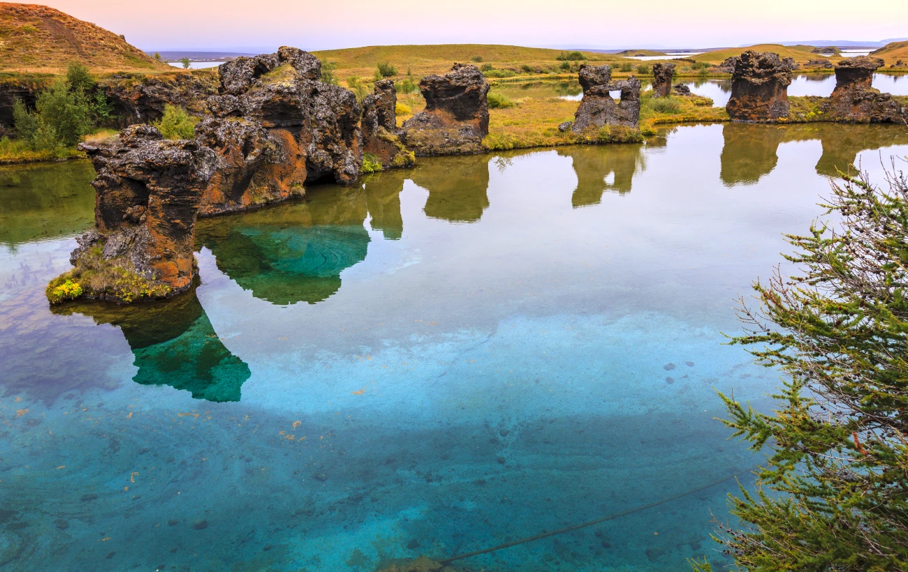 Volcanic rock formations in Lake Myvatn
