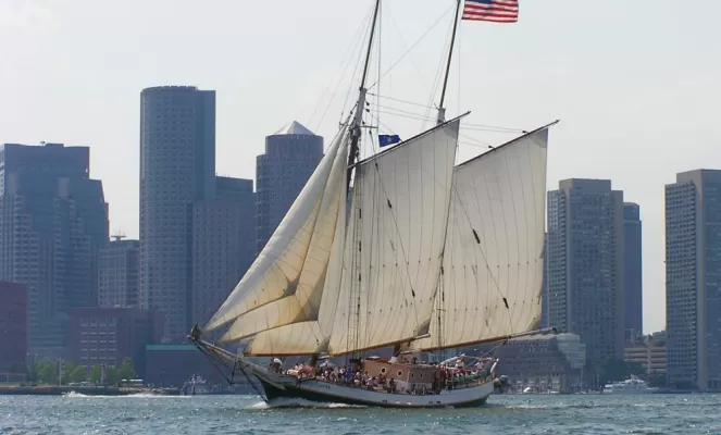 Liberty Clipper sailing along Boston Harbor