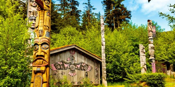 Alaska native clan house and totems