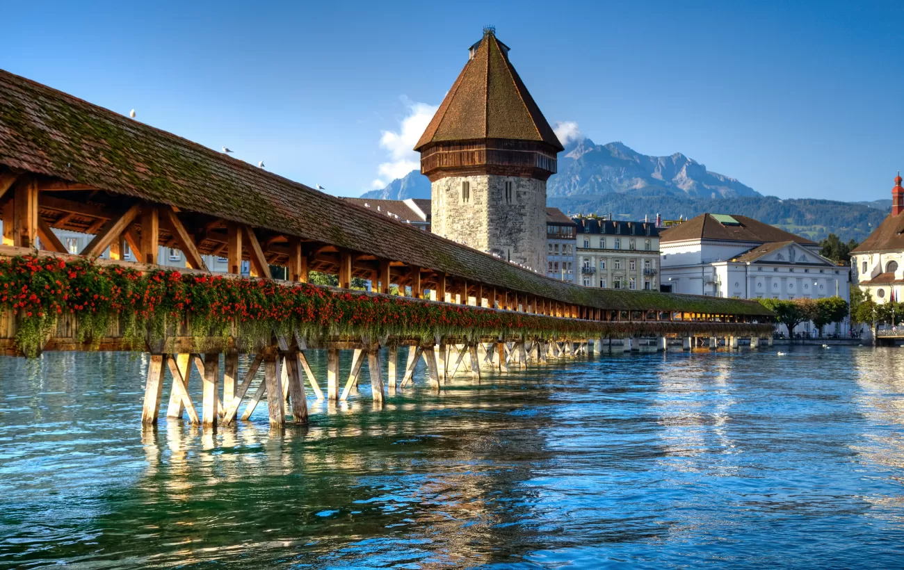 Wooden bridge over river in Lucerne