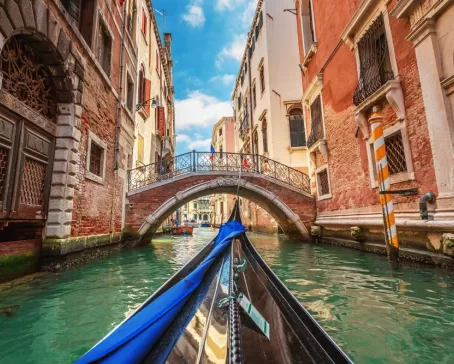 View from gondola during the ride through the canals, Venice