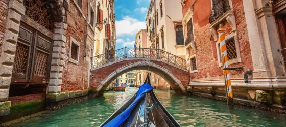 View from gondola during the ride through the canals, Venice