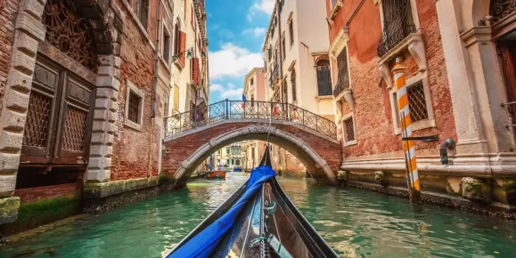 View from gondola during the ride through the canals, Venice