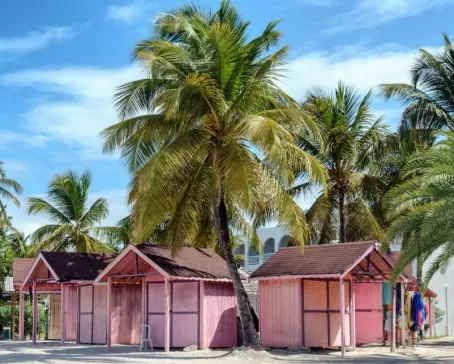 Pink beach huts in the Caribbean