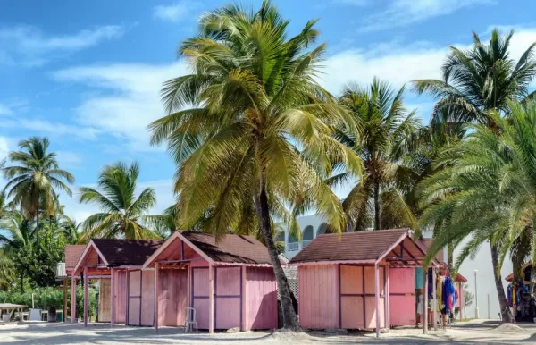 Pink beach huts in the Caribbean