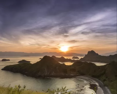 Breathtaking aerial sunset in Komodo National Park in Indonesia