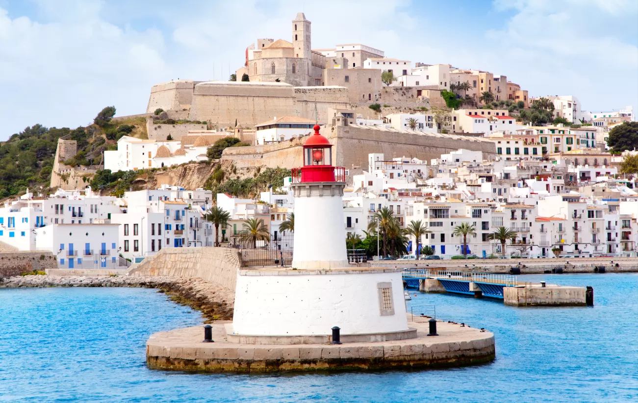 Eivissa ibiza town from red lighthouse port entrance beacon