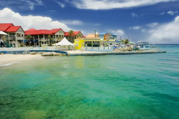 Beautiful coastal view of Georgetown, Grand Cayman on a clear day