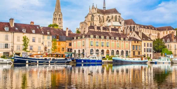 Historic town of Auxurre and Yonne River in Burgundy