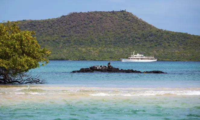 Grace sailing across the Galapagos Islands