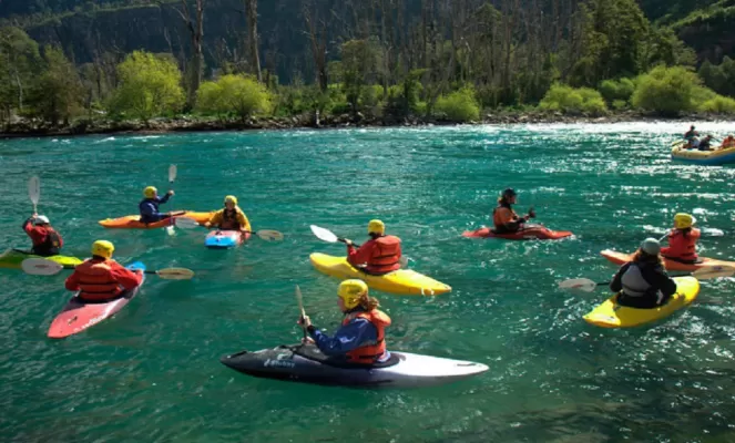 Kayak across the Futaleufu River, Patagonia