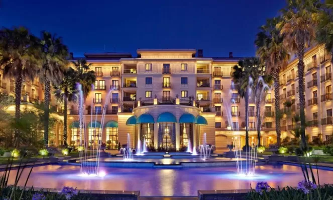 Colorful musical fountain in front of the hotel
