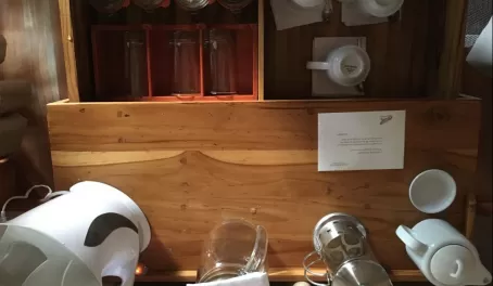 Coffee station inside Safari Camp tent