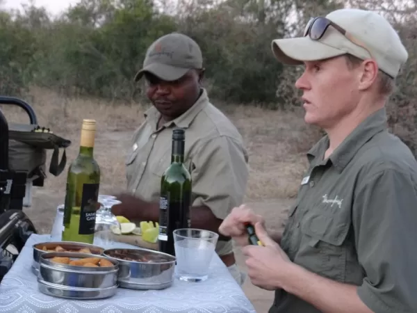Sundowner with our Tracker Moses and Ranger Craig at Thornybush Reserve