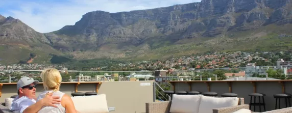 Table Mountain dominates the skyline from the rooftop bar