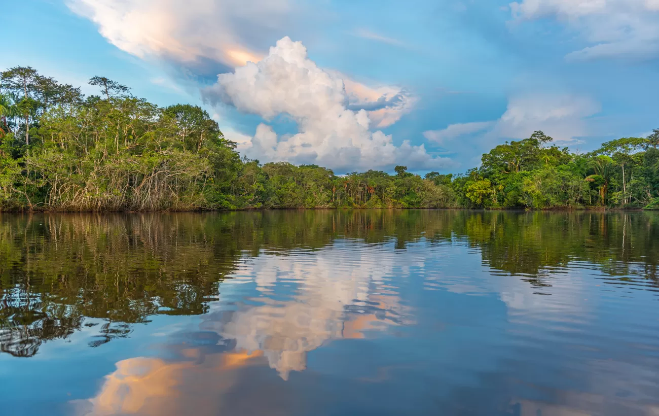 Sunset over the still waters of the Amazon