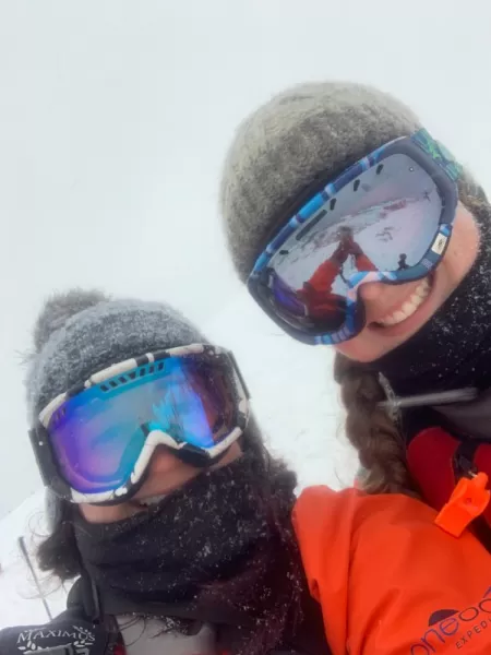 Karen and Meg all bundled up in Antarctic gear