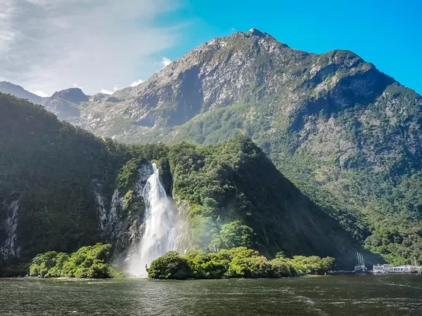 Cascading waterfall in the Milford Sound