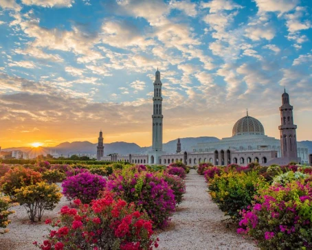 Golden hour over the Grand Mosque of Muscat, Oman