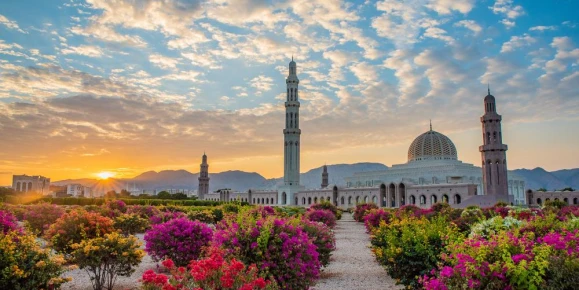 Golden hour over the Grand Mosque of Muscat, Oman
