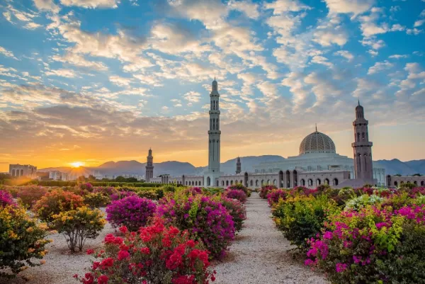Golden hour over the Grand Mosque of Muscat, Oman