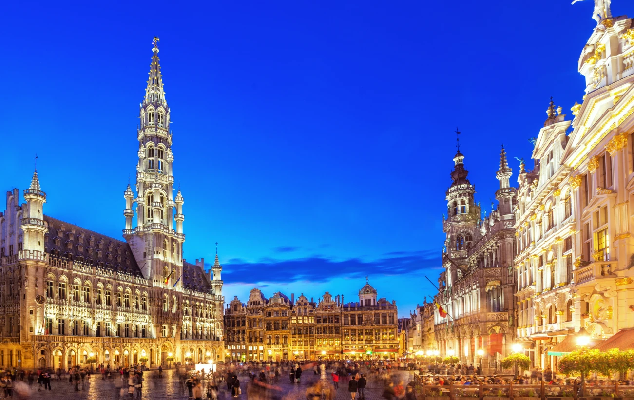 The warm glow of city lights in Brussels