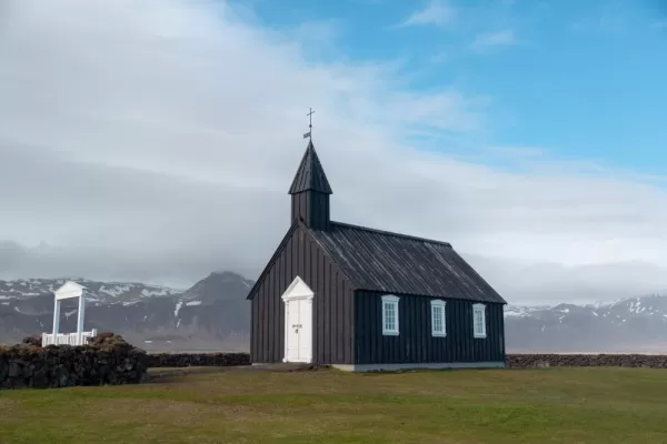 A church stands alone in rural Iceland