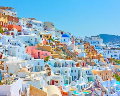 Wander through the maze of colorful buildings on Santorini