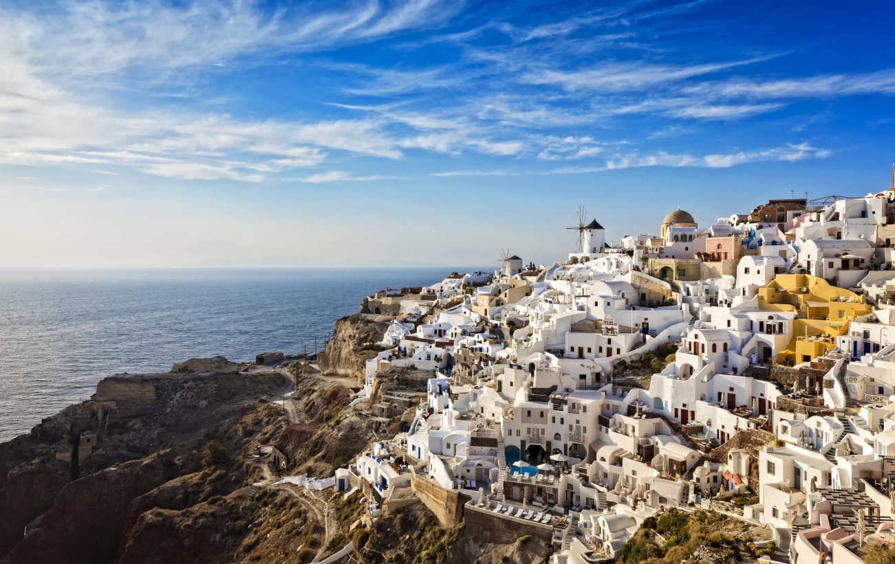 Beautiful villages cling to Santorini's cliff