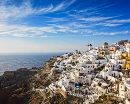 Beautiful villages cling to Santorini's cliff