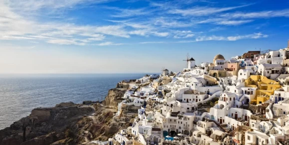 Beautiful villages cling to Santorini's cliff