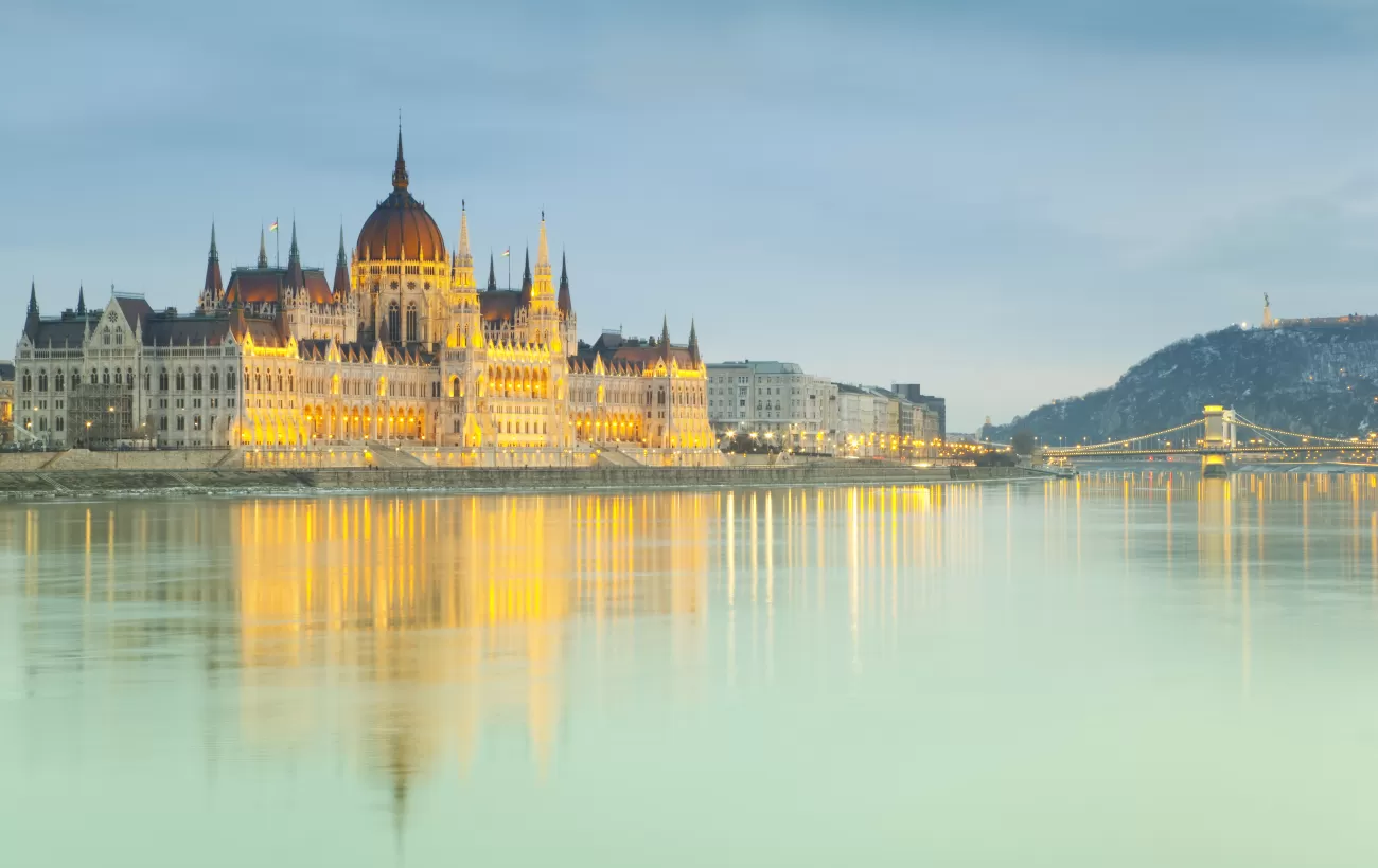 Hungarian Parliament building reflecting in the Danube