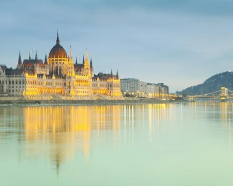 Hungarian Parliament building reflecting in the Danube
