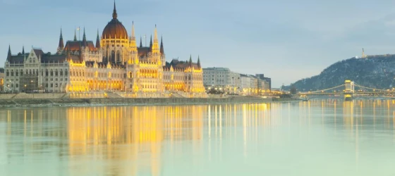 Hungarian Parliament building reflecting in the Danube